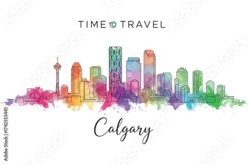 Vector art of colorful watercolor skyline of calgary, canada, with time to travel text