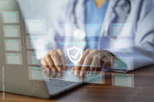 Doctor using laptop Cyber security network Data protection concept. Digital healthcare system safeguards sensitive patient data and maintains compliance with medical privacy regulations.