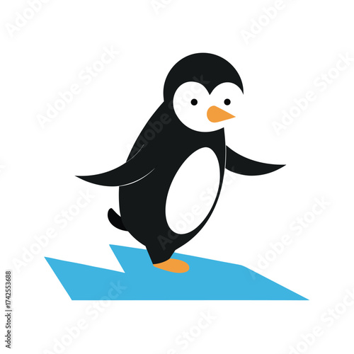 Penguin standing on ice floe on white background Keywords: penguin, bird, cartoon, cute, animal