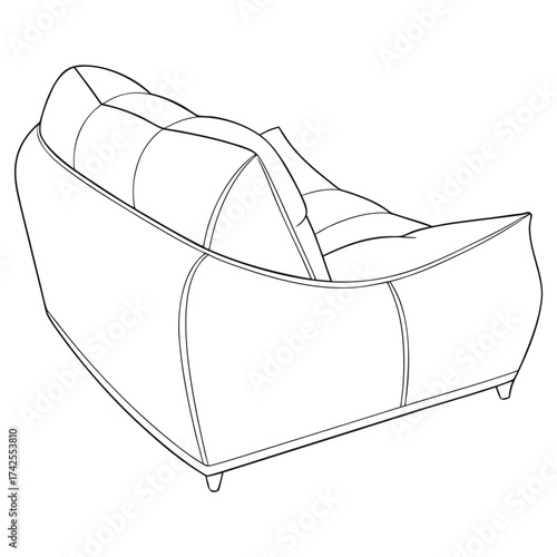 Modern upholstered armchair with plush cushions and curved silhouette seen from the back