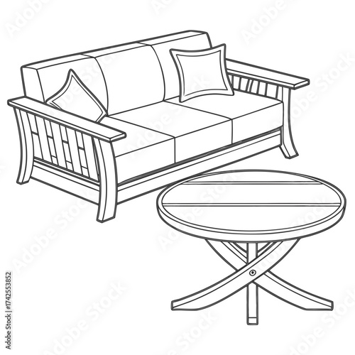 Modern wooden sofa and round coffee table line art illustration for interior design
