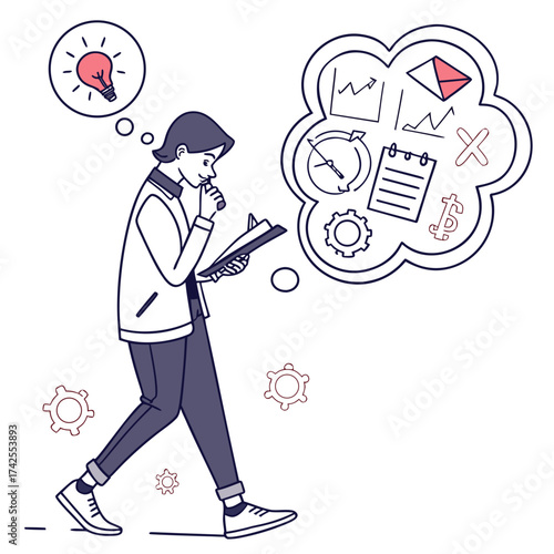 Person contemplating business strategy with a lightbulb idea and thought bubble filled with charts and gears