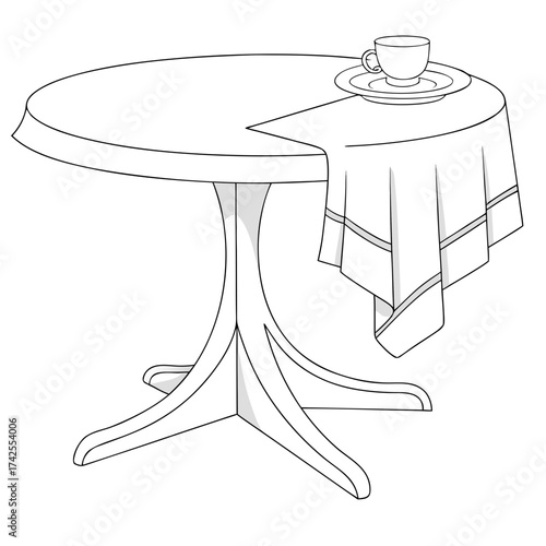 Simple line drawing of a round table with a tablecloth and a single cup and saucer on top