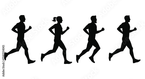 Silhouettes of four people actively running demonstrating physical fitness and speed