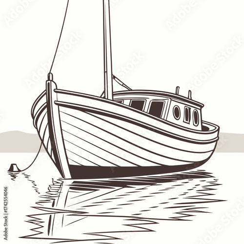 Simple line drawing of a wooden fishing boat docked on calm water with a distant shoreline