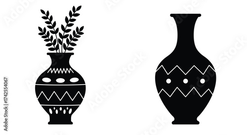 Elegant black and white illustration of a vase with leafy branches