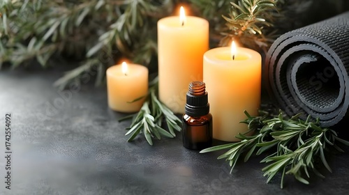 Relaxing spa setting with candles, aromatherapy oil, yoga mat and rosemary