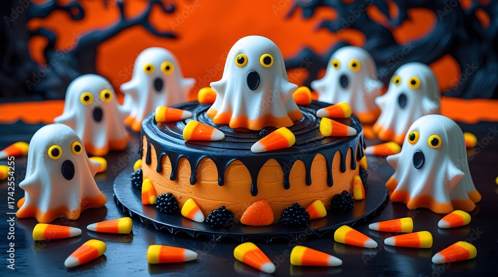 Obraz premium A Tasty Halloween cake with intricately designed ghosts, prominent eyes and scattered candy corns on a dark black table against a vibrant orange background