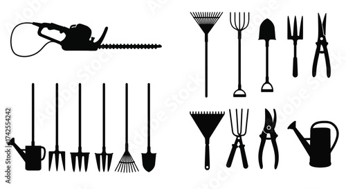 Collection of black silhouette gardening tools isolated on a white background