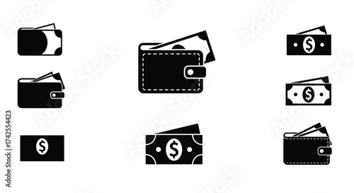 Black and white wallets and money icons in a simple arrangement