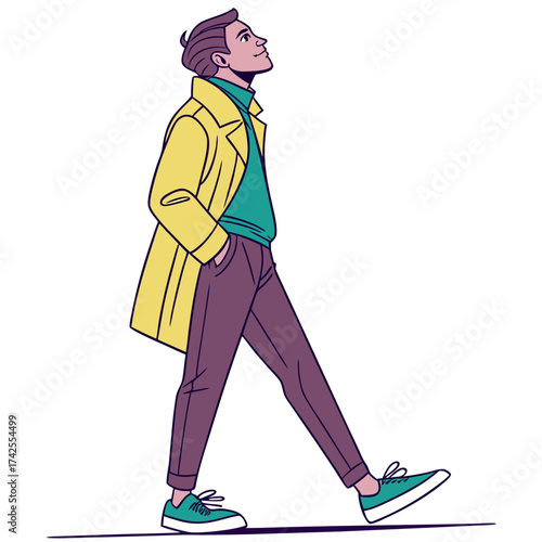 Stylish man in a yellow coat and purple pants walking confidently and looking up thoughtfully