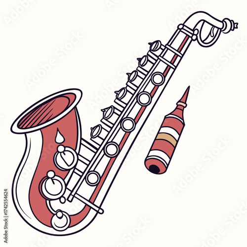 Stylized illustration of a red and black saxophone with a reed on a white background