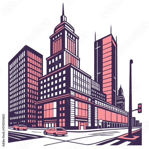 Stylized illustration of a modern city street with tall buildings cars and traffic signals