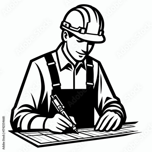 Construction worker drawing blueprints while sitting at a table  