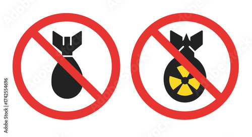 Prohibition signs depicting bombs with and without radioactive symbols are shown