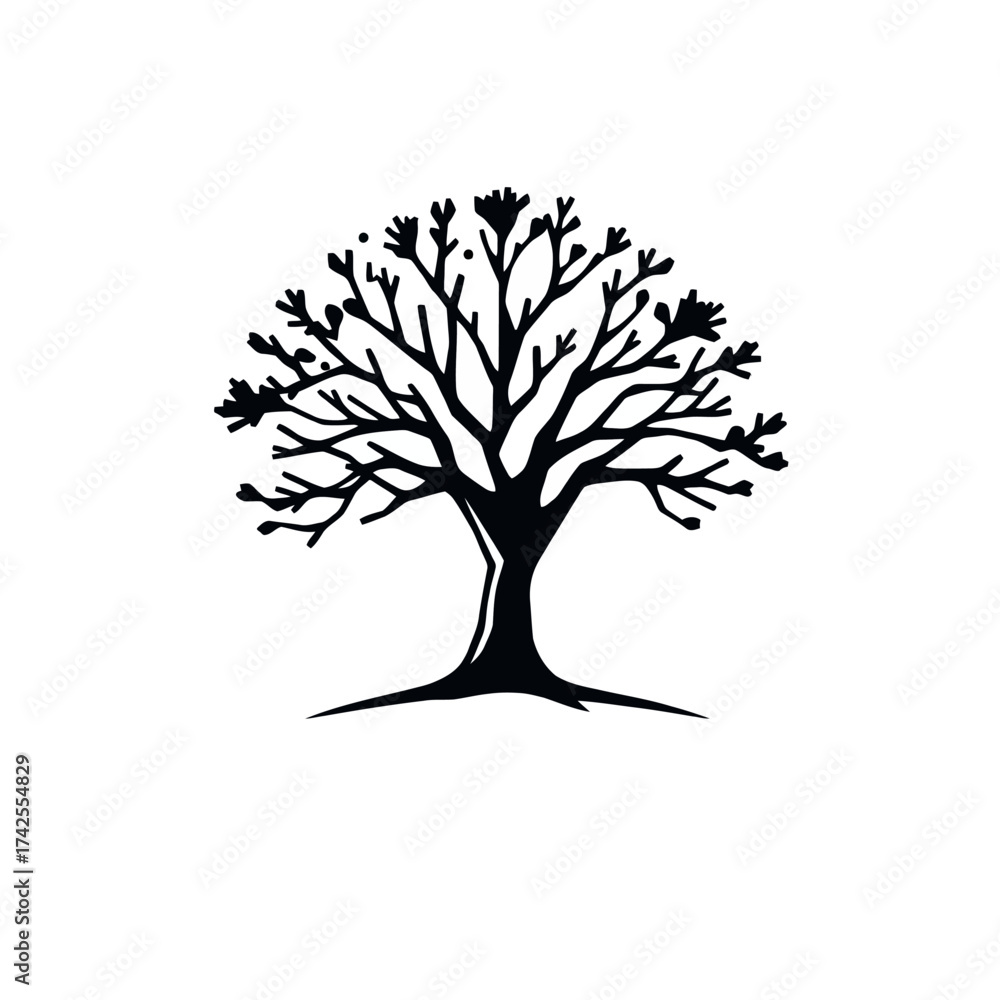 Obraz premium A stark, black and white illustration of a bare tree with intricate branches, showcasing a minimalist design.