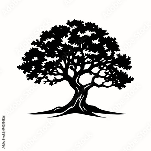 Silhouette of a large, mature tree with a full canopy and visible roots, isolated on a white background.