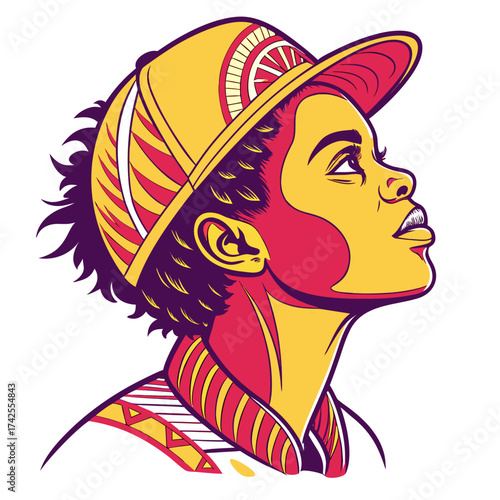 Stylized portrait of a young person wearing a baseball cap and looking upwards with a hopeful expression