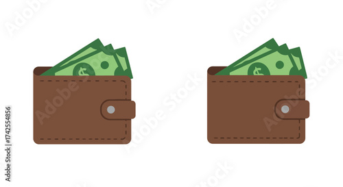 Two brown wallets overflowing with green american dollar currency notes