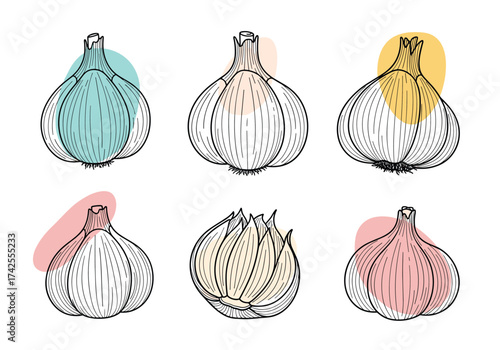 An artistic illustration of six garlic bulbs with colorful abstract shapes behind them.