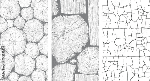 Black and White Vintage Wooden crack Concrete Wall Grunge set Texture Distressed Cracked Concrete Wall Texture Background Grunge Damaged Cement Surface vectors design on transparent background.