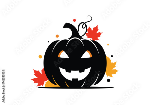 A spooky black jack o lantern with colorful fall leaves and dots.