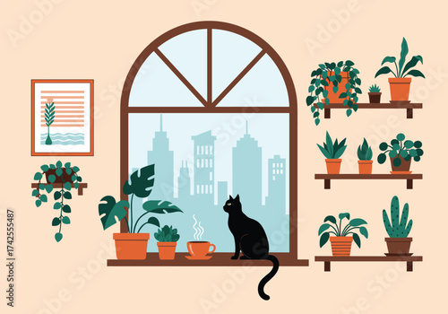 A black cat sits by a window with many potted plants and a city skyline in the background.