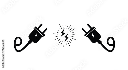 Two black electrical plugs disconnecting with sparks between them illustration