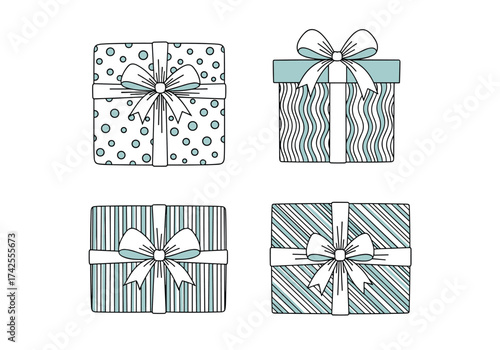 Four beautifully illustrated gift boxes decorated with ribbons and bows.