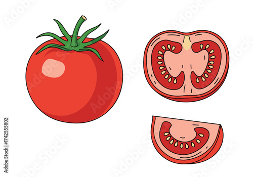 Fresh red tomato and its cross sections on a white background.