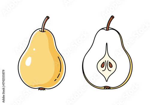 A whole yellow pear and a halved pear showing seeds inside.