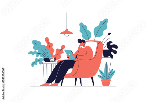 A person sits in a modern chair surrounded by plants while looking at a tablet.