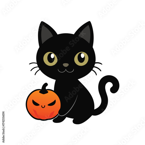 Cute black cat with a Halloween pumpkin jack o lantern