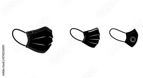 Three black face masks shown in different orientations a simple illustration