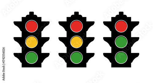 Three traffic lights showing different signals in a row