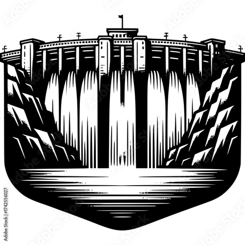 Harnessing Water's Might: A monolithic dam stands firm, taming the powerful flow of water to create both hydroelectric energy and a reservoir of resources. A bold illustration of engineering marvels.