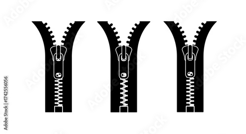 Three black and white illustrations of partially opened zippers displayed together