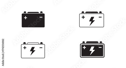 Four variations of a black and white car battery icon illustration