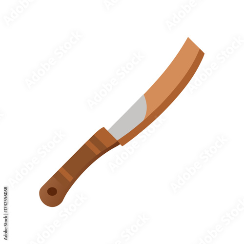 Curved Kitchen Knife with Wooden Handle on White Background