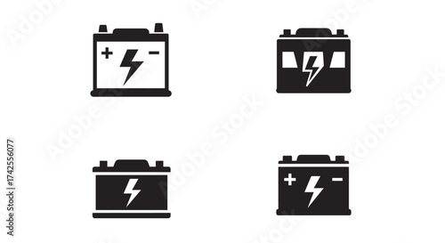 Four black and white illustrations of car batteries with lightning bolts
