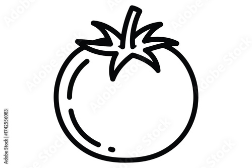 Illustration of a single tomato with stem in a simple, clean line art style