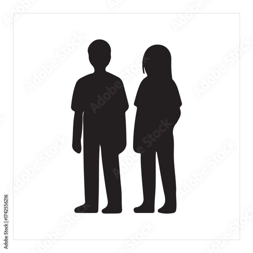Simple black silhouette of a young boy and girl standing together. Minimalist vector icon representing childhood, siblings, friendship, and youth on an isolated white background