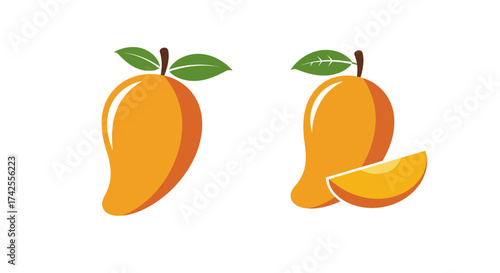 Two ripe mangoes one whole and one cut with green leaves