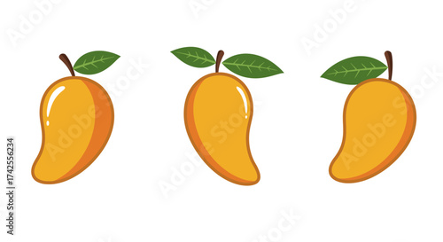 Three vibrant yellow mangoes with green leaves are displayed on a white background