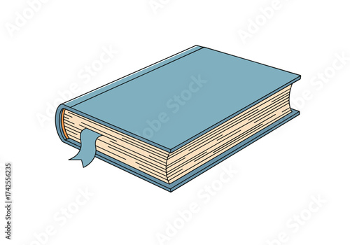 An open blue hardbound book with a bookmark lies on a white background.