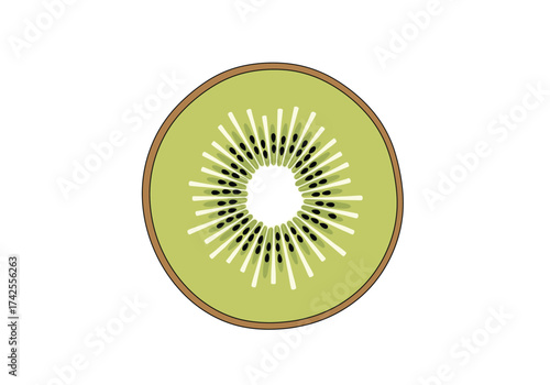 The vibrant green flesh of a fresh kiwifruit slice reveals its tiny black seeds arranged in a star.