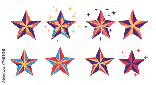 Colorful patriotic stars with sparkling effects isolated on a white background