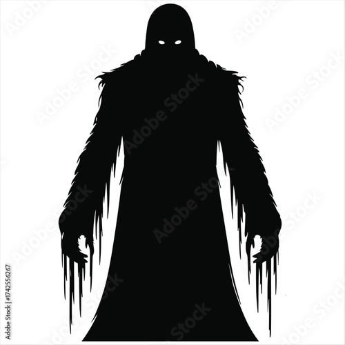 Frightening silhouette of a tall shadowy figure with glowing eyes and jagged fur