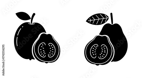 Black and white illustration depicting a pear and guava fruit set