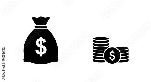 Black icons depicting a money bag and stacks of coins